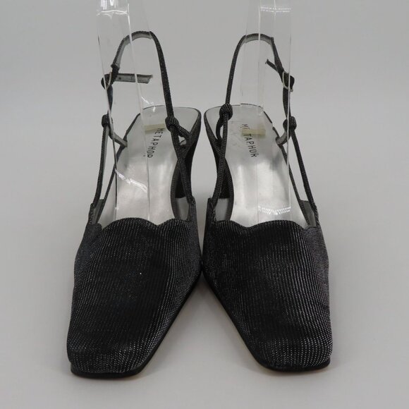 VTG Metaphor Women 9 M DAWN Black Silver Metallic Strappy Square Toe Heels Shoes - Picture 3 of 12